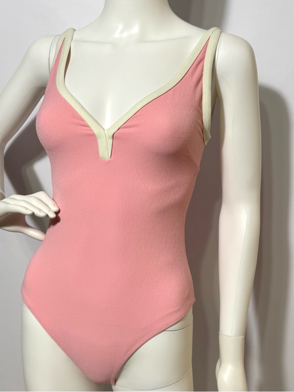 Lisa Marie Fernandez Pink One-Shoulder V-Neck One-Piece with White Trim | Size S - Picture 4 of 8